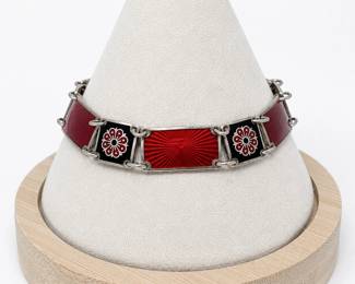 Vintage David-Andersen Norway Sterling Silver Guilloché Enamel Bracelet – Red & Black Floral Design Gemologist Examined