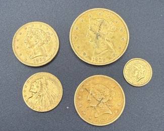 Collection of Five Antique U.S. Gold Coins – 1839, 1893 & 1909 – Pre-1933 American Gold – 1.25 OZT Family Estate Collecti