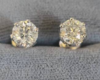 1.87 Ct. Total Weight Natural Diamond Stud Earrings in 14K White Gold Round Brilliant Solitaires - Gemologist Examined