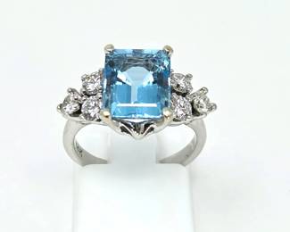 14K White Gold Blue Topaz & Diamond Statement Ring – Brilliant Emerald-Cut Center Stone