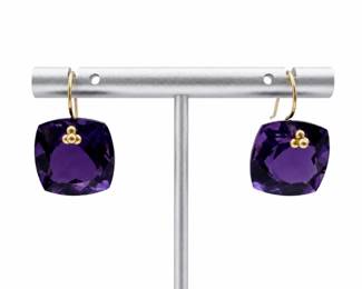 Gold & Amethyst Cushion Drop Earrings – Faceted Purple Gemstone Fine Estate Jewelry