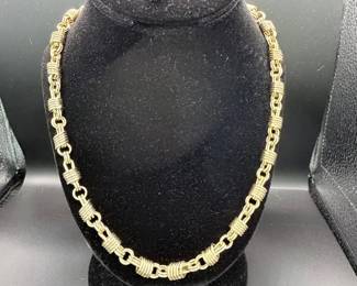 Vintage Gold Fancy Link Station Necklace with Wrapped Barrel Motif – Fine Estate Jewelry