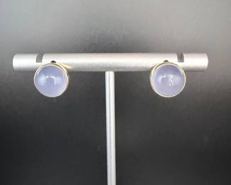 Gold Lavender-Blue Chalcedony Cabochon Earrings with Omega Clip Closures