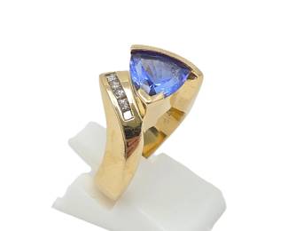 3.12 CT Natural Tanzanite & Diamond 14K Yellow Gold Modernist Ring – Trillion Cut Estate Jewelry