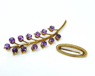 18K Gold Amethyst Branch Brooch & 10K Gold Petite Diamond Pin – Vintage Fine Jewelry Pair