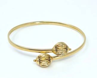 Delicate Gold Bypass Bangle Bracelet with Textured Ball Accents – Fine Estate Jewelry