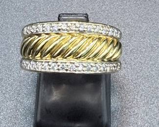David Yurman 18K Yellow Gold & Diamond Cable Ring – Pavé Diamond Bands – Iconic Designer Estate Fine Jewelry