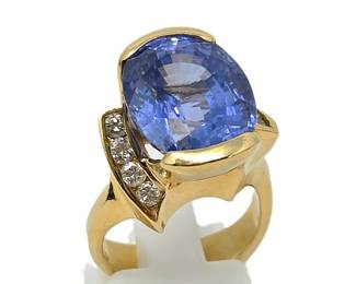 14.47 Carat Natural Blue Sapphire & Diamond 14K Gold Statement Ring – Gemologist Examined – Size 5 1/2