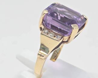 9.65 Ct. Natural Amethyst & Diamond Ring in 10K Yellow Gold – Emerald Step Cut Statement Ring - Gemologist Examined