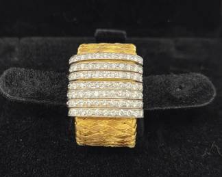 Roberto Coin Primavera 18K Yellow & White Gold Diamond Basket Weave Ring – Made in Italy – Size 5 1/2