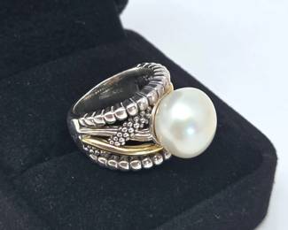 LAGOS Sterling Silver, Gold & Large Pearl Ring – Signature Caviar Design – Designer Estate Fine Jewelry Size 5 925 18K