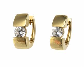 Gold & Diamond Modernist Hoop Earrings – Round Brilliant Solitaire Accents – Estate Fine Jewelry