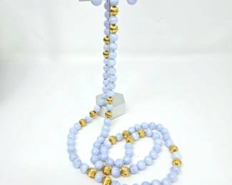 Blue Lace Agate & Gold Beaded Necklace and Bracelet Jewelry Collection – Fine Estate Jewelry - 585 14K