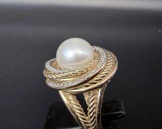 David Yurman 18K Gold Pearl & Diamond Ring – Cable & Diamond Halo Statement Ring – Designer Estate Fine Jewelry