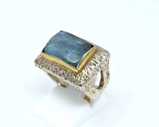 Sterling Silver & 18K Gold Highly Included Aquamarine Contemporary Statement Ring – Size 5 1/2