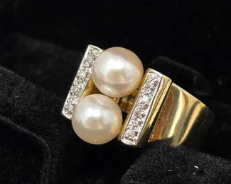 14K Yellow Gold Akoya Cultured Pearl & Diamond Bypass Ring – Size 5 1/2 – Gemologist Examined