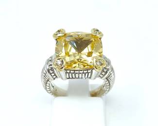 Judith Ripka Sterling Silver & 18K Gold Yellow Gemstone Cocktail Ring – Designer Fine Jewelry Size 5 1/2