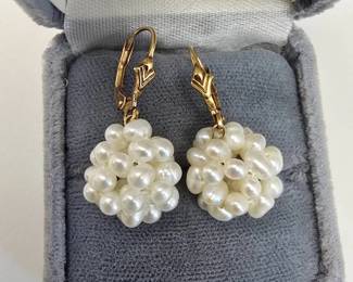 14K Yellow Gold Pearl Cluster Drop Earrings – Grape Cluster Estate Fine Jewelry