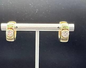 Gold & Diamond Huggie Hoop Earrings – Subtle Square Design – Estate Fine Jewelry – .322 OZT