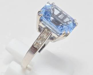 9.17 Ct. Synthetic Blue Spinel & Cubic Zirconia 14K White Gold Emerald Step Cut Statement Ring - Gemologist Examined