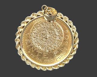 Mexican 20 Pesos Gold Coin Pendant Necklace – Aztec Calendar – Gold Rope Chain