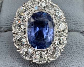 Art Deco 4.43 CT Natural Blue Sapphire & 2.50 CT Old European Cut Diamond Platinum Ring