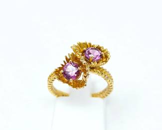 14K Yellow Gold Spinel Bypass Ring – Textured Double Floral Design – Size 6