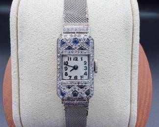 Art Deco Platinum & 18K White Gold Diamond & Sapphire Ladies Watch – Approx. 0.90 CTW