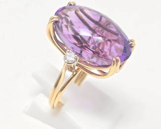 16.13 Ct. Natural Amethyst & Diamond Ring in 14K Yellow Gold – Large Oval Statement Ring - Gemologist Examined