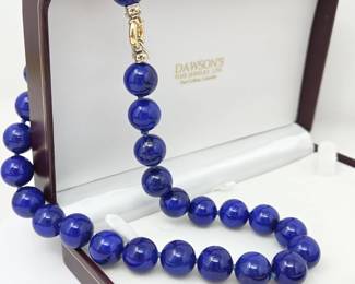 Exceptional 16” Natural Lapis Lazuli Beaded Necklace with 14K Gold Clasp – Gemologist Confirmed – Fine Quality