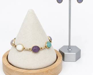 14K Yellow Gold Multi-Gemstone Cabochon Bracelet & Coordinating Agate Earrings – 41.79 Ct. Total Gemstone Weight