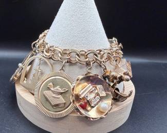 Vintage Gold & Gold-Filled Loaded Charm Bracelet – Gemstone Flower, Rendezvous Watch & Figural Charms