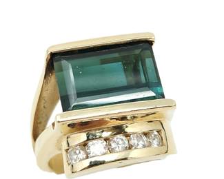 14K Yellow Gold 7.13 CT Natural Green Tourmaline & Diamond Statement Ring – 0.52 CTW Diamonds