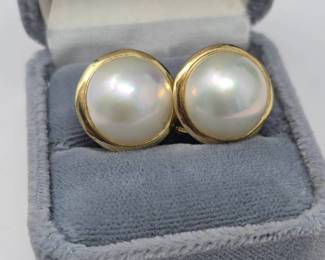 14K Large Pearl & Gold Omega Clip Earrings – Mabe-Style Statement Estate Jewelry