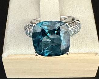 18K White Gold Blue Topaz & Pavé Diamond Cocktail Ring – Large Cushion-Cut Topaz – Estate Fine Jewelry