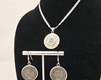 Aztec Calendar-Style Pendant Necklace & Matching Earrings – Mesoamerican Motif Jewelry Set