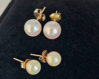 Two Pairs of Pearl Stud Earrings – Gold Settings – Classic Estate Fine Jewelry