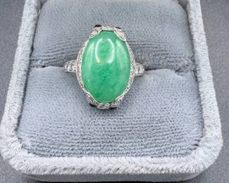 2.70 CT Jadeite Jade, Diamond & Black Onyx Estate Ring – Semi-Translucent Green Jade Cabochon