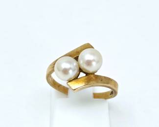 14K Yellow Gold Double Pearl Bypass Ring – Sculptural Modernist Design