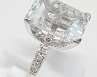 15.27 Ct. Emerald-Cut White Topaz & Diamond Ring in 14K White Gold – Gemologist Examined