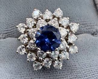 1.70 CT Synthetic Blue Sapphire & CZ 14K White Gold Vintage Cocktail Ring – 8.82g
