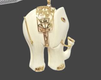Vintage 1950s Hand-Carved Ivory Elephant Pendant with Gold & Ruby Eye - Gemologist Examined