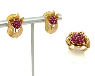 Vintage Romantic Red Rose Ring – 2.47 CTW Natural Rubies & Diamond 14K Yellow Gold Floral Cocktail Ring