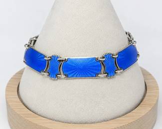 Vintage Scandinavian Sterling Silver Guilloché Enamel Bracelet – Cobalt Blue – 925S