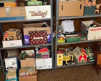 Vintage records, comic books, and Fisher Price toys