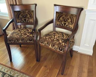 Traditional Damask Upholstered Armchairs, Pair