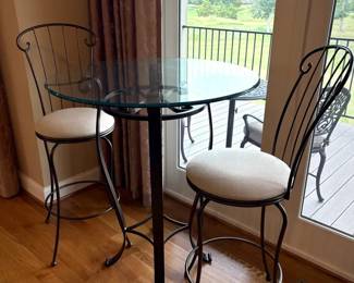 Wrought Iron Glass Top Bistro Table with Two Chairs