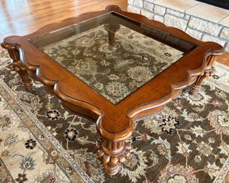 Wooden Coffee Table with Inlaid Beveled Glass Top