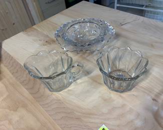 Vintage clear glass floral etched bowl and 2-piece pressed glass set