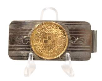 1947 Swiss 20 Fr Vreneli 900 Gold Coin Sterling Money Clip